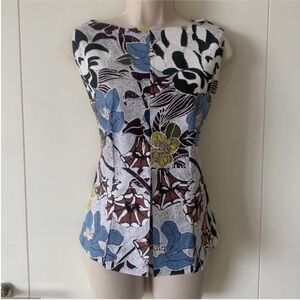 Marni Blue Brown White Black Floral Print Cotton Round Neck Sleeveless Blouse 40